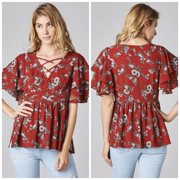 ❤️LAST 1! Rust Criss Cross Ruffle Peplum Top! - Picture 5 of 6